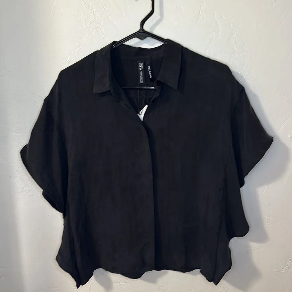 NWT Zara Lyocell black button down blouse XS - Picture 1 of 9